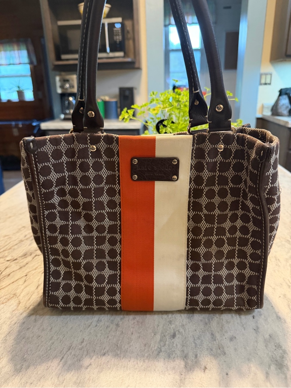 Kate Spade!!! Medium sized brown Canvas Tote with Orange and Cream Stripe